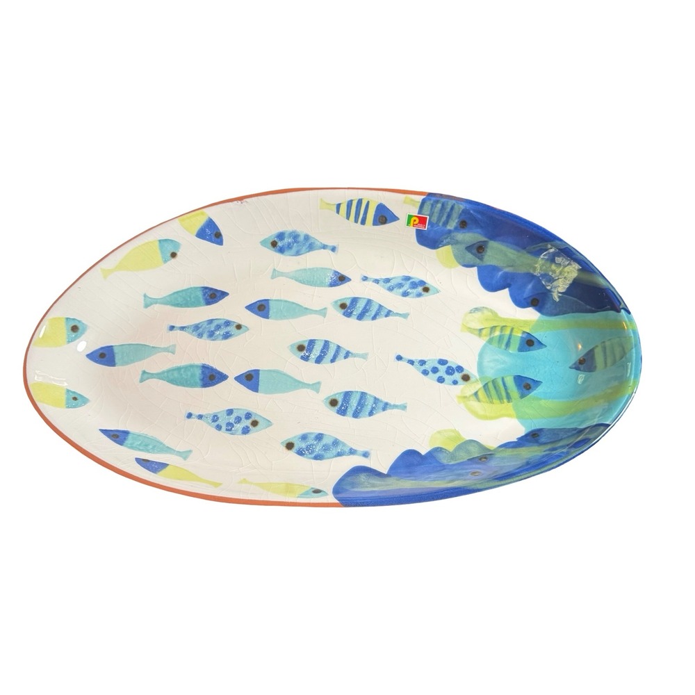 Pier 1 Terracotta Platter Decorative 19in Blue Fish Portugal Coastal Home Decor